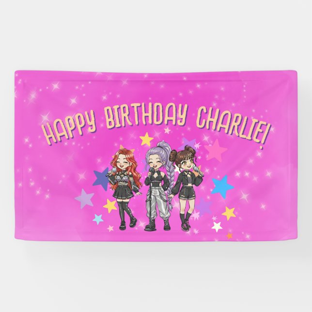 Lona Cumpleaños cantando KPOP, estrellas rosadas (Horizontal)