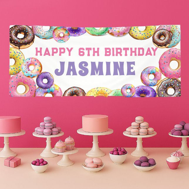 Lona Cumpleaños con Donas Feliz Cumpleaños 6 (Colorful donut birthday banner)