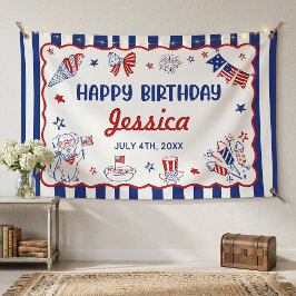 Lona Cumpleaños con tema del 4 de julio dibujado a mano