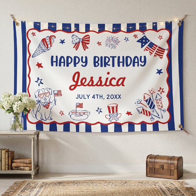 Lona Cumpleaños con tema del 4 de julio dibujado a mano (Subido por el creador)