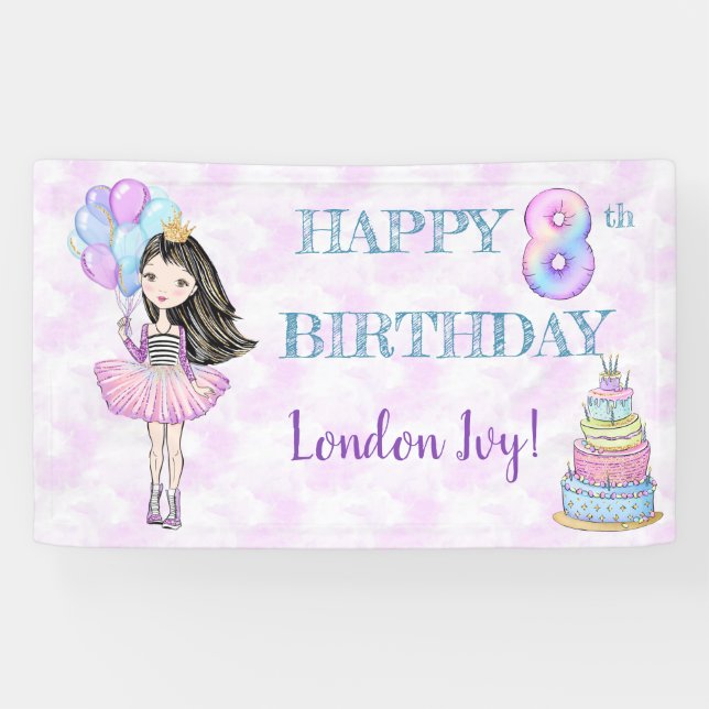Lona Cumpleaños de 8 años Princesa Lavanda Turquesa (Horizontal)