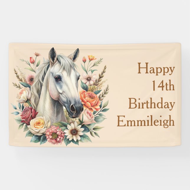 Lona Cumpleaños de Adolescente Chica Caballo Floral (Horizontal)