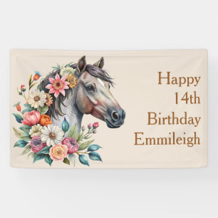 Lona Cumpleaños de adolescente niña caballo floral gris