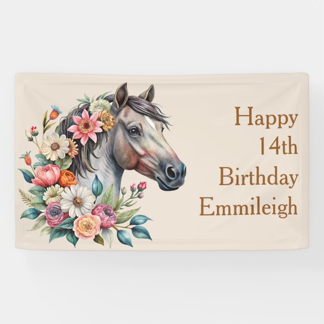 Lona Cumpleaños de adolescente niña caballo floral gris (Horizontal)