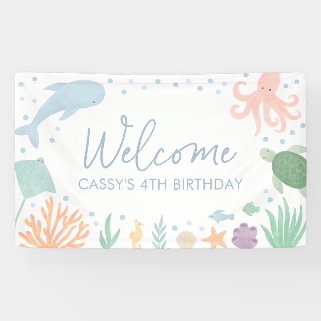 Lona Cumpleaños de animales del océano bajo el mar (Horizontal)