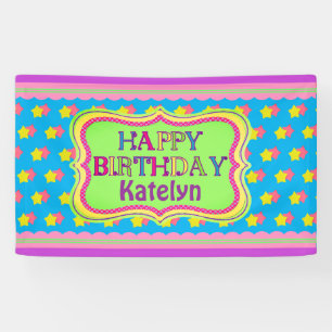 Lona Cumpleaños de Chicas Estrellas Rosadas y Amarillas