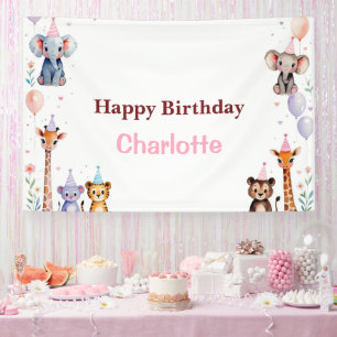 Lona Cumpleaños de chicas globos animales lindos Wild O