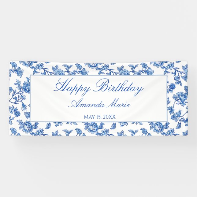 Lona Cumpleaños de Chinoiserie Azul y Blanco (Horizontal)