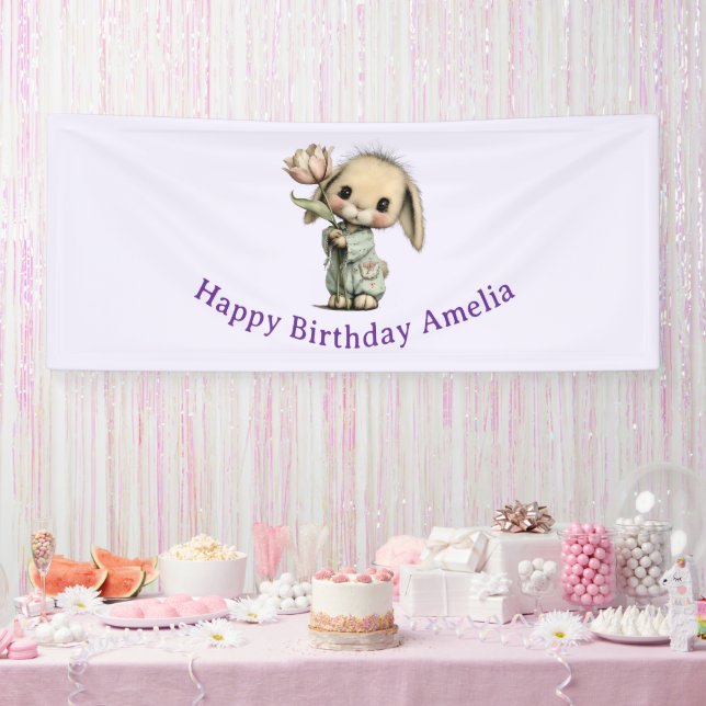 Lona Cumpleaños de conejito lindo sosteniendo un tulipá (Fiesta)