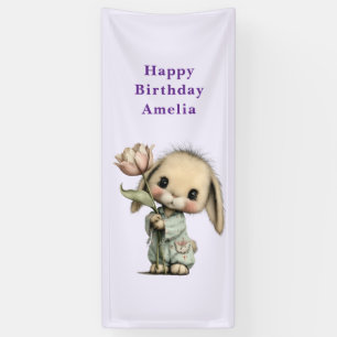 Lona Cumpleaños de conejito lindo sosteniendo un tulipá