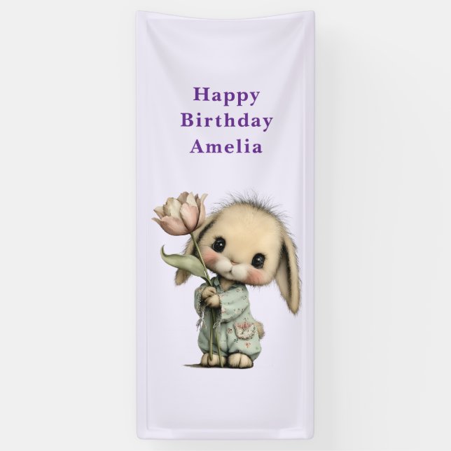 Lona Cumpleaños de conejito lindo sosteniendo un tulipá (Vertical)