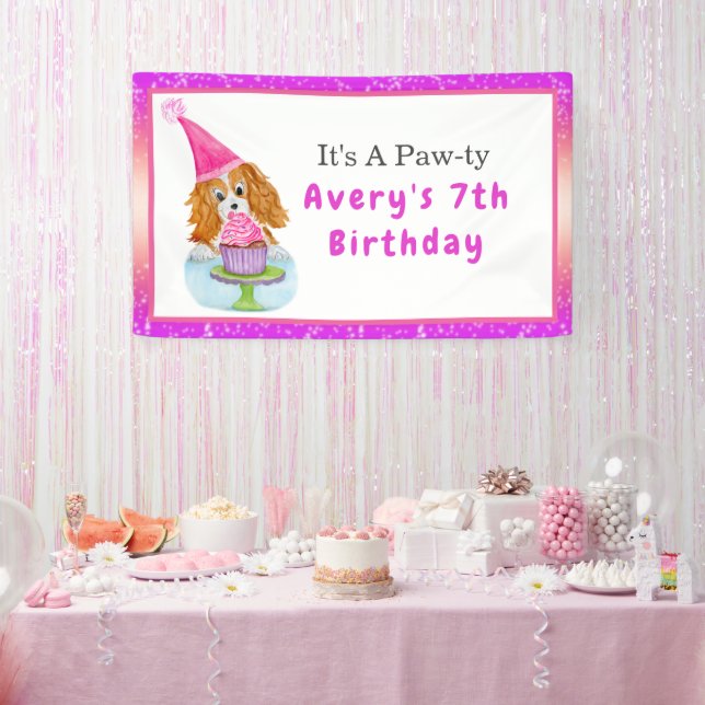 Lona Cumpleaños de Cupcake Cavalier King Charles acuare (Fiesta)