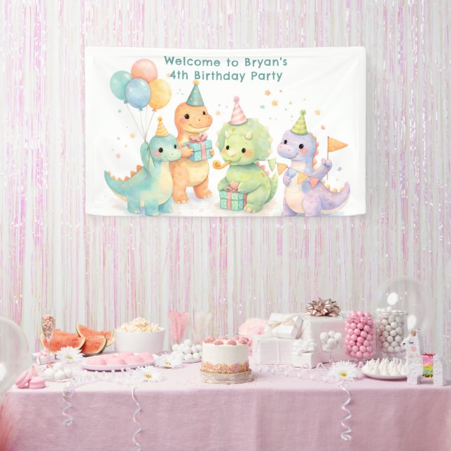 Lona Cumpleaños de dinosaurios de acuarela pastel lindo (Fiesta)