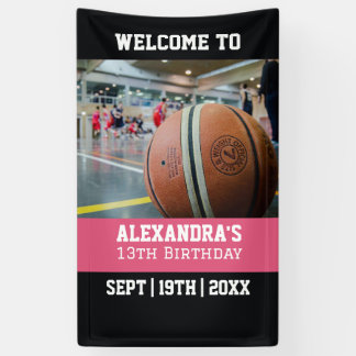 Lona Cumpleaños de Entrada de Baloncesto Rosa