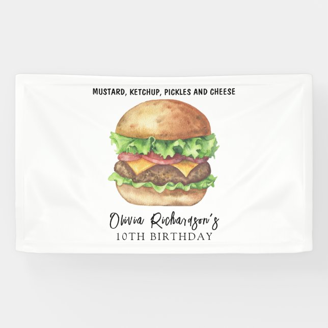 Lona Cumpleaños de fiesta de hamburguesa acuarela (Horizontal)