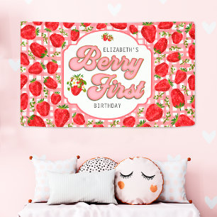 Lona Cumpleaños de Fresa Rosa y Blanco Primer Cumpleaño