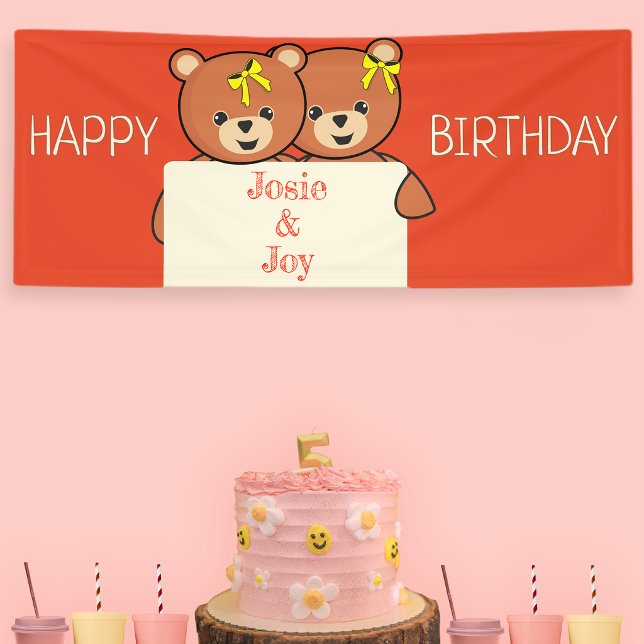 Lona Cumpleaños de gemelos o hermanos con ositos de pel (Teddy Bear Twins Birthday Party Banner)