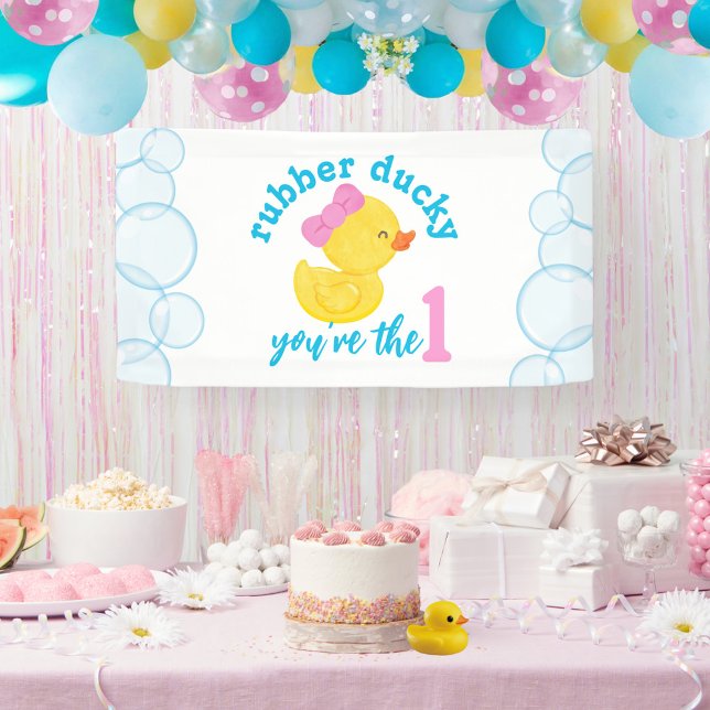 Lona Cumpleaños de Girl Rubber Ducky 1 año (Girl Rubber Ducky 1st Birthday Party Banner for Duck Party Decorations)