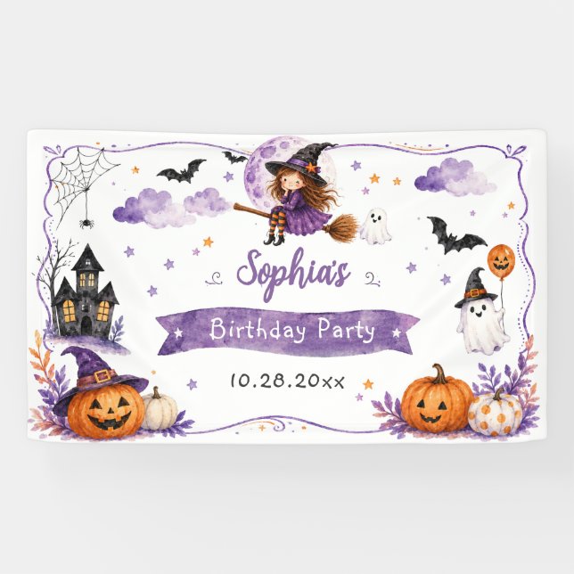 Lona Cumpleaños de Halloween con acuarela adorable (Horizontal)