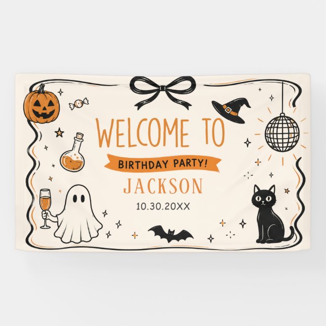 Lona Cumpleaños de Halloween Fantasma (Horizontal)