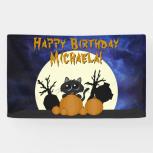 Lona Cumpleaños de Halloween Gato negro w Pumpkins Gra