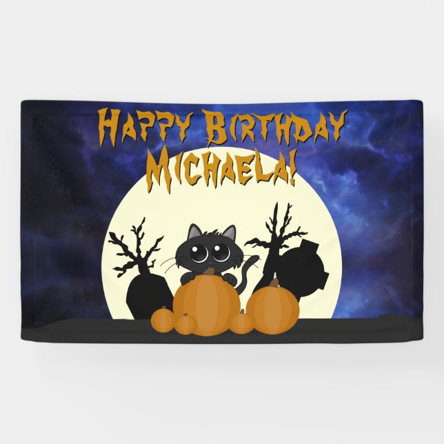 Lona Cumpleaños de Halloween Gato negro w Pumpkins Grav (Horizontal)