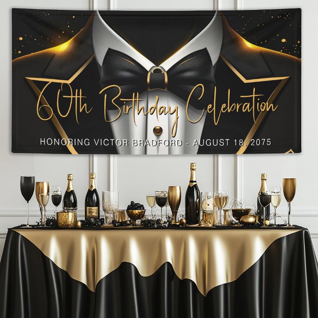 Lona Cumpleaños de hombre en oro y negro (Mens black and gold birthday party and event banner. Simply add your event details.)