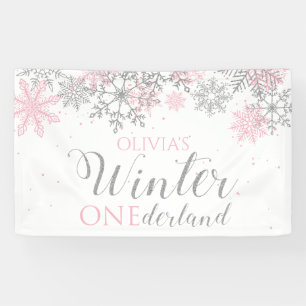 Lona Cumpleaños de invierno Onederland rosa plata nieve