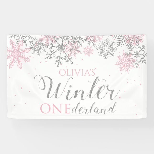 Lona Cumpleaños de invierno Onederland rosa plata nieve (Horizontal)