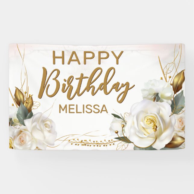 Lona Cumpleaños de la floral de oro de Rosa (Horizontal)