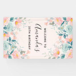 Lona Cumpleaños de la frontera floral rosa y verde