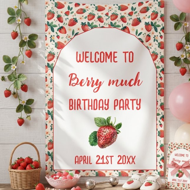 Lona Cumpleaños de la primera fresa de Berry 1st (Berry First Strawberry Girl 1st Birthday Party Banner)