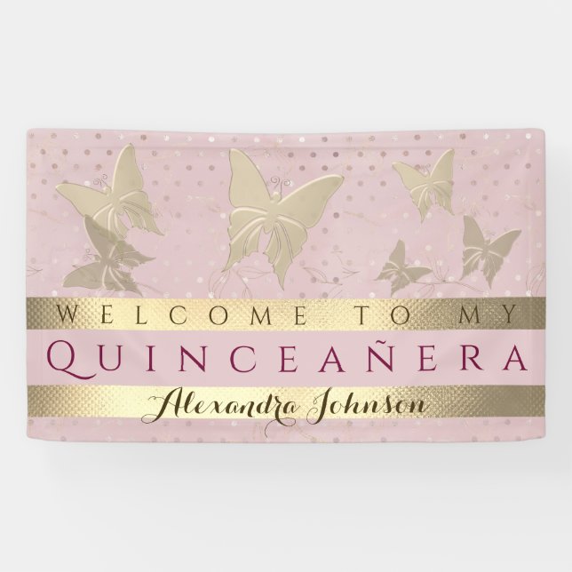 Lona Cumpleaños De La Quinceanera Rosa Y Oro (Horizontal)