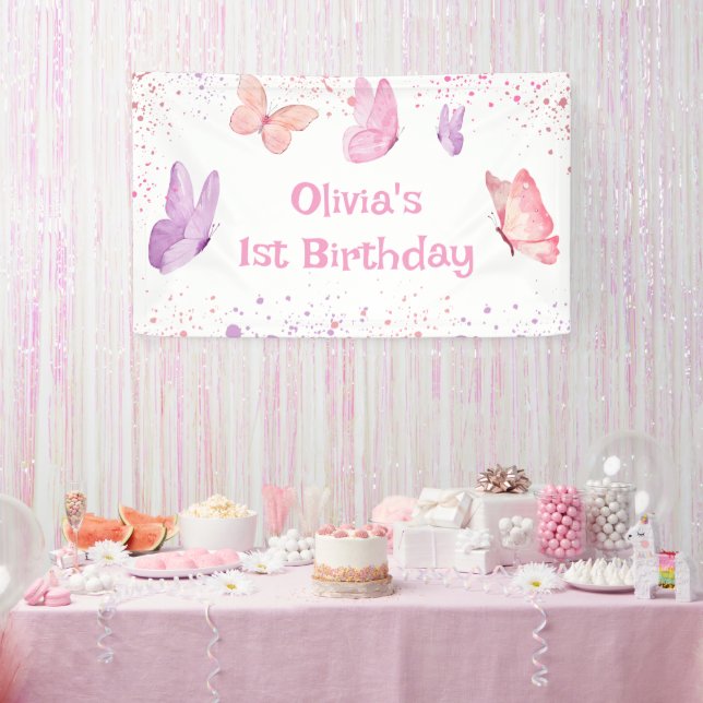 Lona Cumpleaños de mariposa morada rosa (Fiesta)