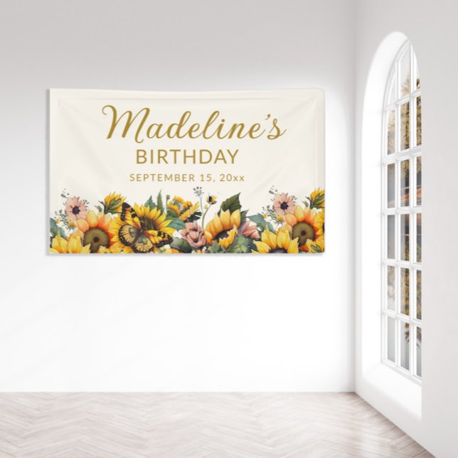 Lona Cumpleaños de mujer girasoles mariposa (Sunflowers and butterflies custom birthday party banner personalized with your name and party date.
)