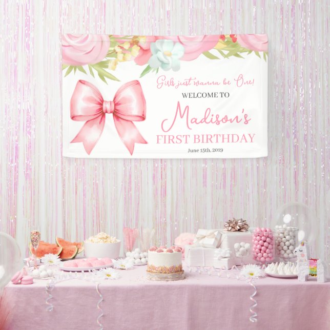 Lona Cumpleaños de niña con lazo rosa lindo (Fiesta)