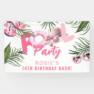 Lona Cumpleaños de niña en fiesta en la piscina rosa bo
