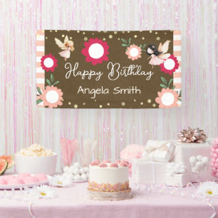 Lona Cumpleaños de niña hada floral rosa Kraft lindo