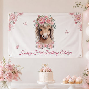 Lona Cumpleaños de niña linda con caballo floral rosa