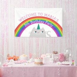 Lona Cumpleaños de niña unicornio gato