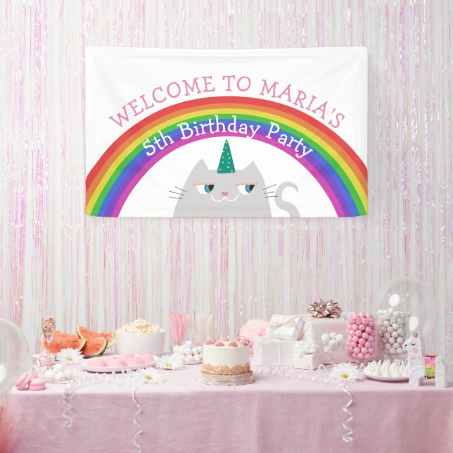 Lona Cumpleaños de niña unicornio gato (Fiesta)