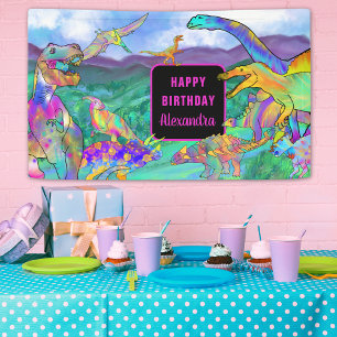 Lona Cumpleaños de niñas con dinosaurios acuarela color