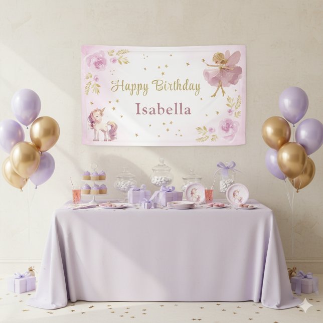 Lona Cumpleaños de niñas hadas mágicas y unicornios (Subido por el creador)