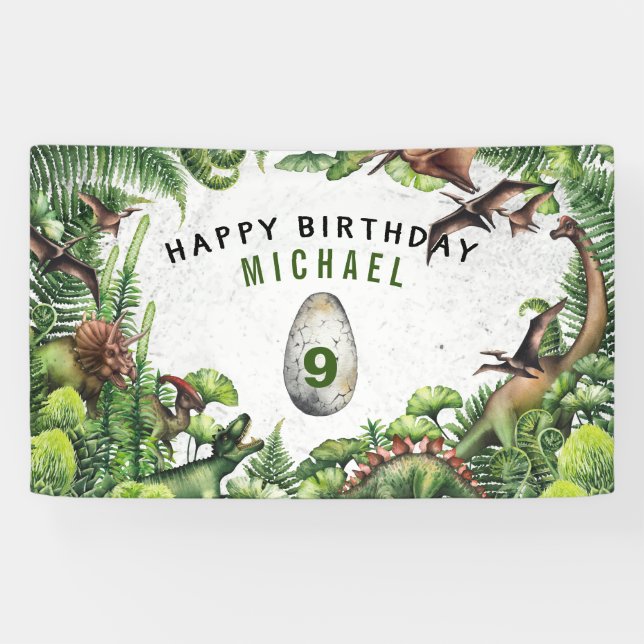 Lona Cumpleaños de niño de cualquier edad con dinosauri (Horizontal)