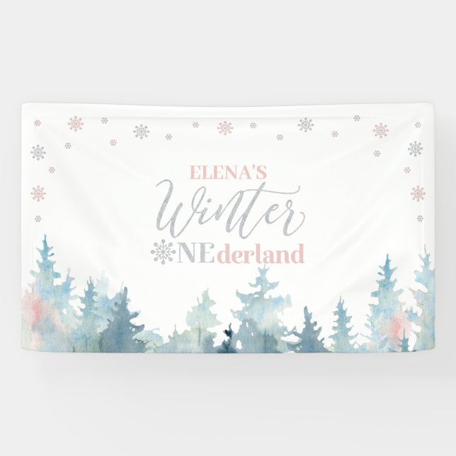 Lona Cumpleaños de Onederland plateado y rosa de invier (Horizontal)