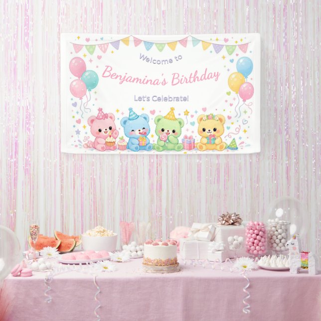 Lona Cumpleaños de ositos bebés pastelitos niña (Fiesta)