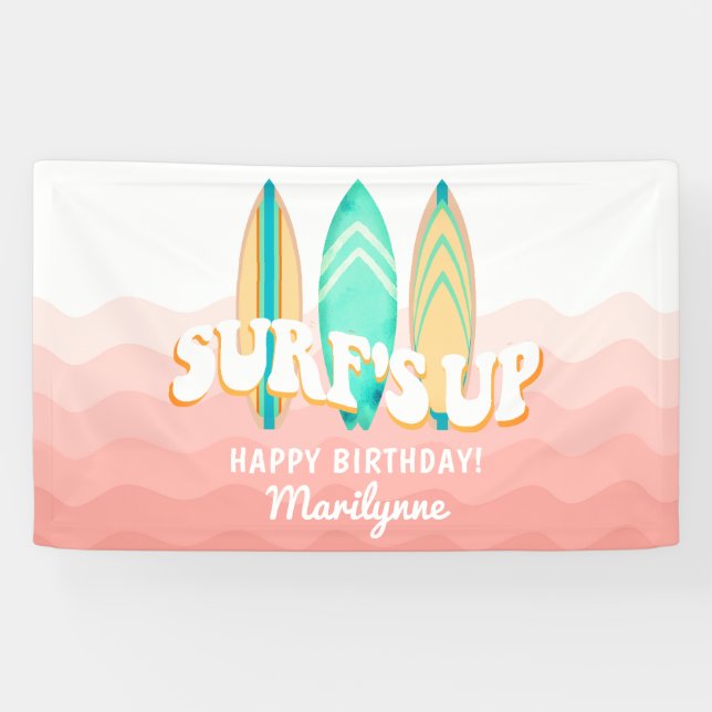 Lona Cumpleaños de Pink Surfs Up Surfboard (Horizontal)