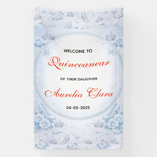 Lona Cumpleaños de Quinceañera Princesa Plateado Azul C