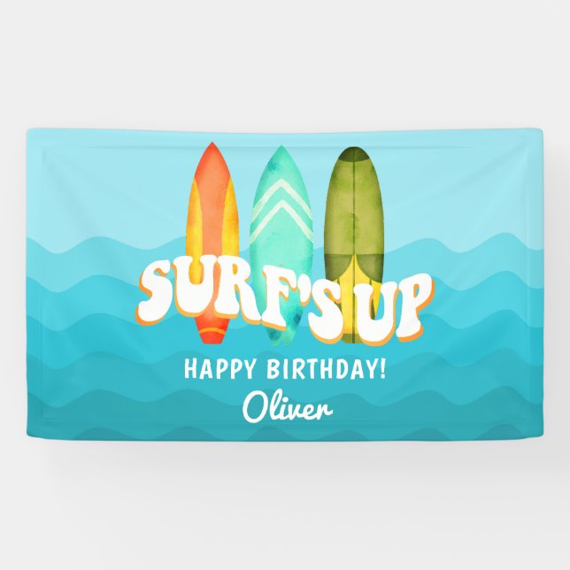 Lona Cumpleaños de tabla de surf Surfs Up (Horizontal)