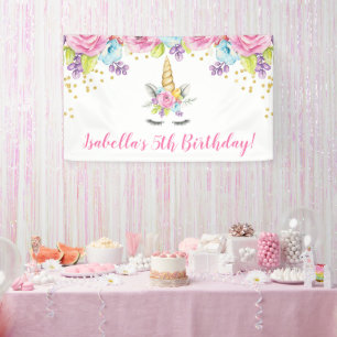Lona Cumpleaños de Unicornio floral acuarela